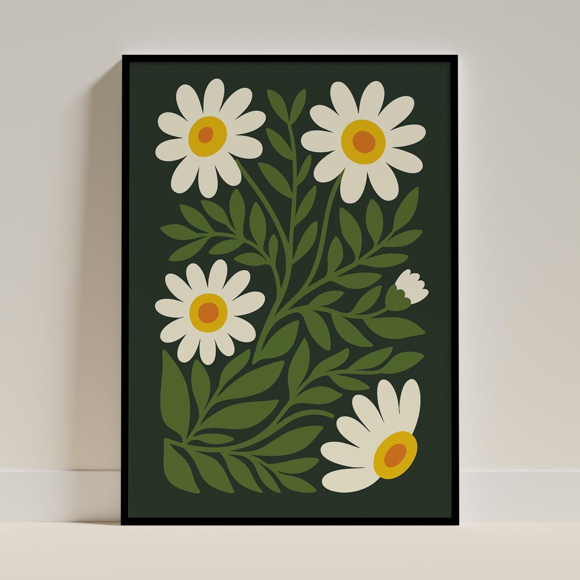 Retro Daisy Botanical Minimalist Flower Print Dark Forest Green