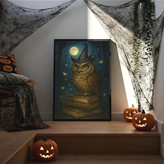 Wizard Owl On Books, Dark Academia Art Print