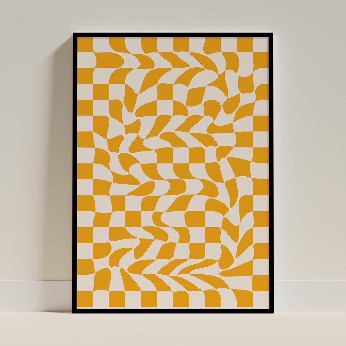 Wavy Checkered Abstract Mustard Yellow Psychedelic Distorted Grid Art Poster