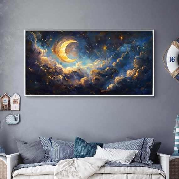 Dreamy Celestial Crescent Moon Wall Art Panoramic Starry Night With Golden Stars Mystical Clouds And Cosmic Inspired Art