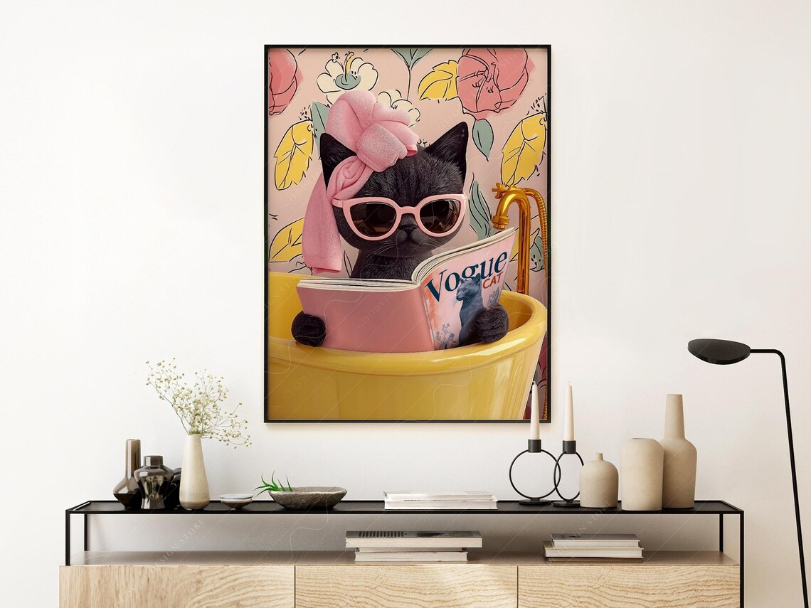 Chic Black Cat in Bathtub Reading Vogue Cat Magazine Poster Art - Image 3