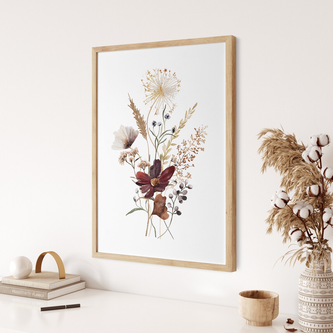 Dried Wildflower Bouquet With Deep Red Cosmos Watercolor Poster - Image 3