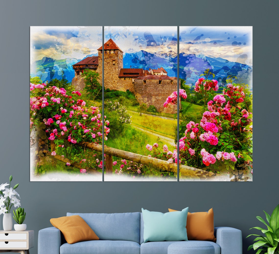 Vaduz Castle Liechtenstein Roses Mountain View Colorful Castle Poster - Image 3