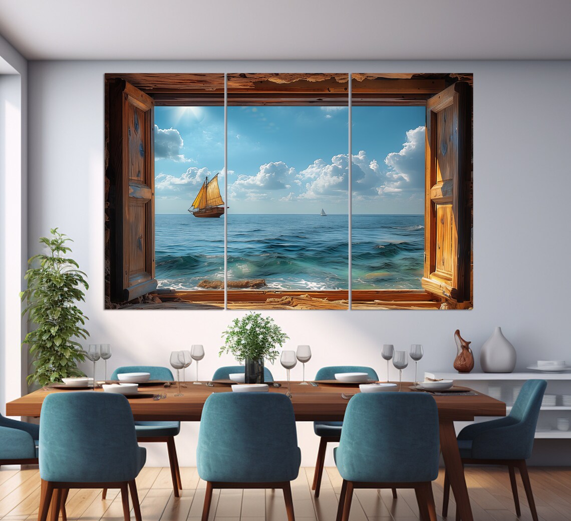 Open Window With Ocean Beach View, Modern Art Print - Image 3