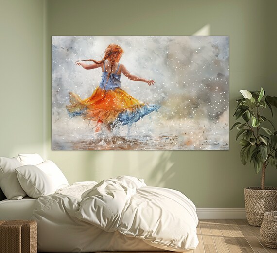 Dancing Little Girl Red Hair Braids Watercolor Painting Kids Room Poster