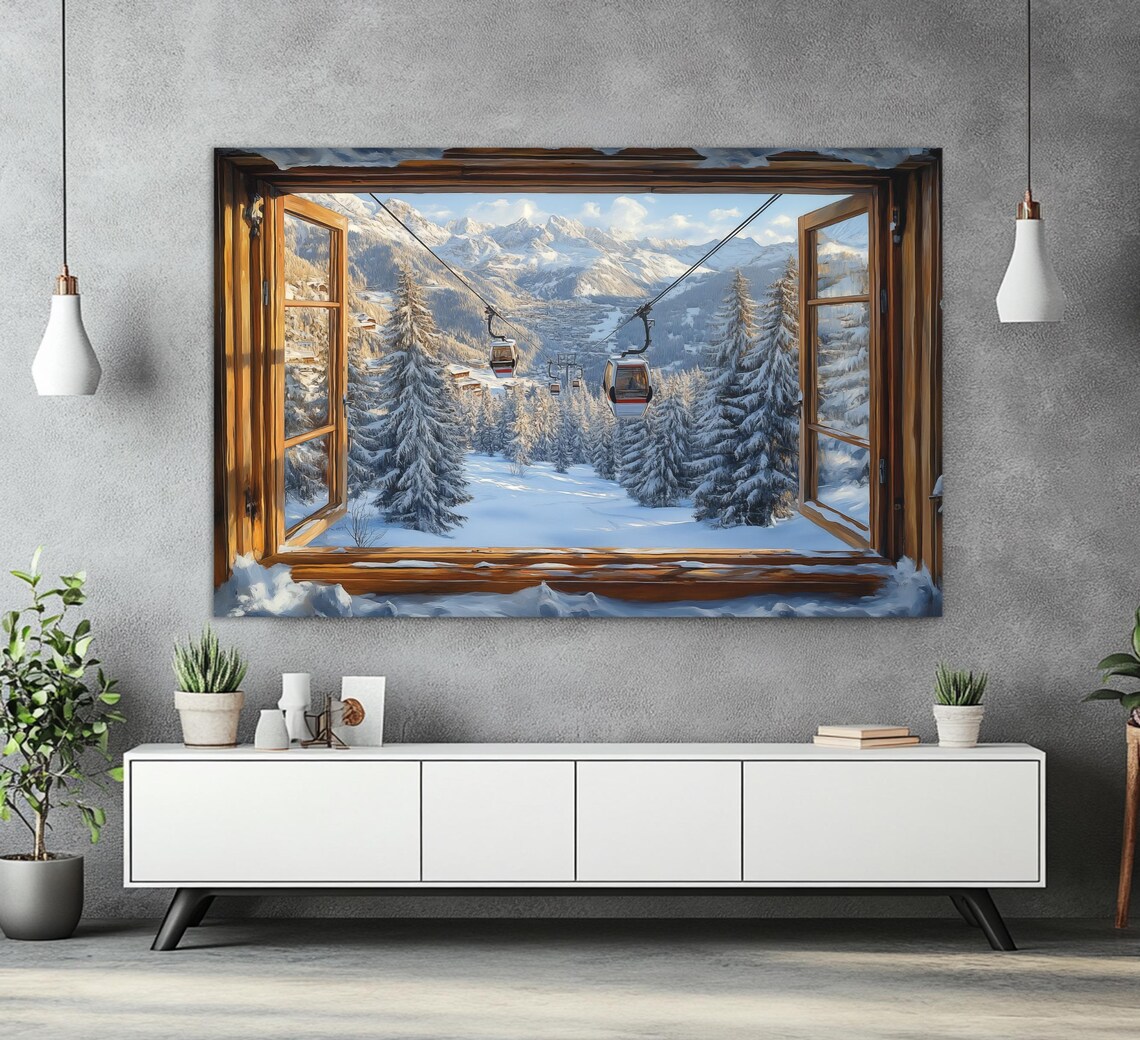 Window To Winter Landscape With Ski Lift, Art Print