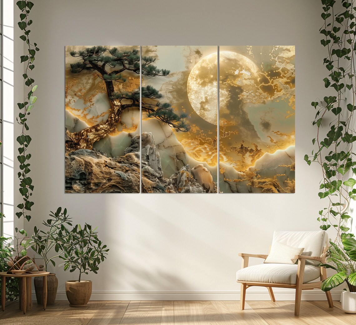 Golden Tree And Moon Abstract Print, Asian Style - Image 2