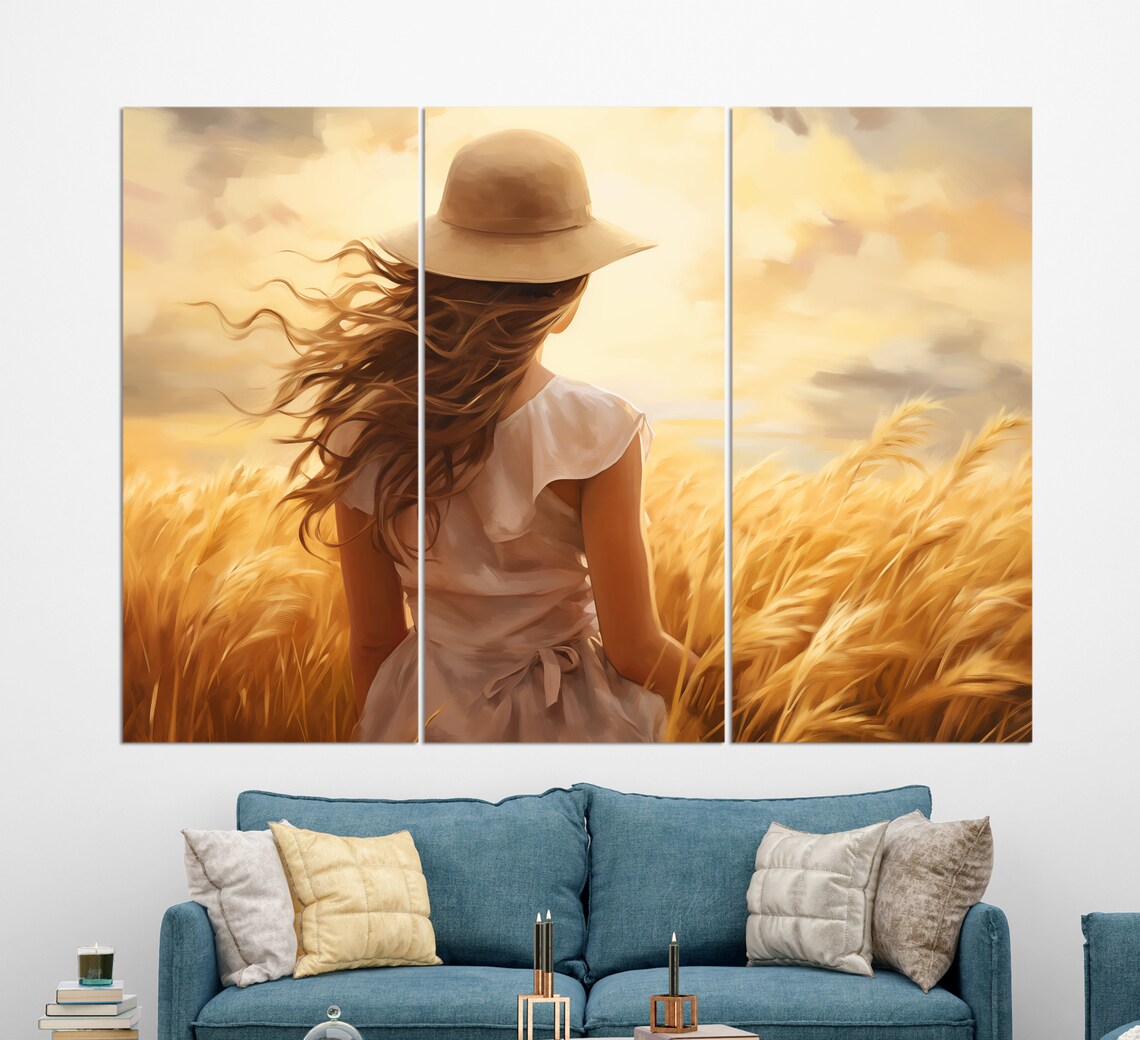 Woman In Wheat Field Golden Sunset Walk Impressionist Oil Painting Poster - Image 3