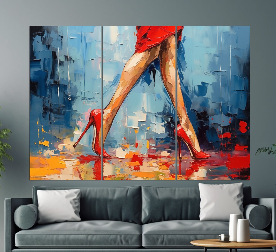 Lady In Red High Heels Walking Bold Impasto Fashion Painting Wall Art - Image 3