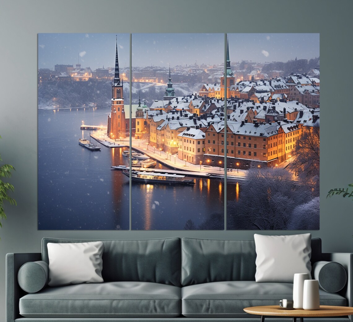 Winter Stockholm Gamla Stan Snow Roofs Blue Hour Harbor Travel Poster - Image 3