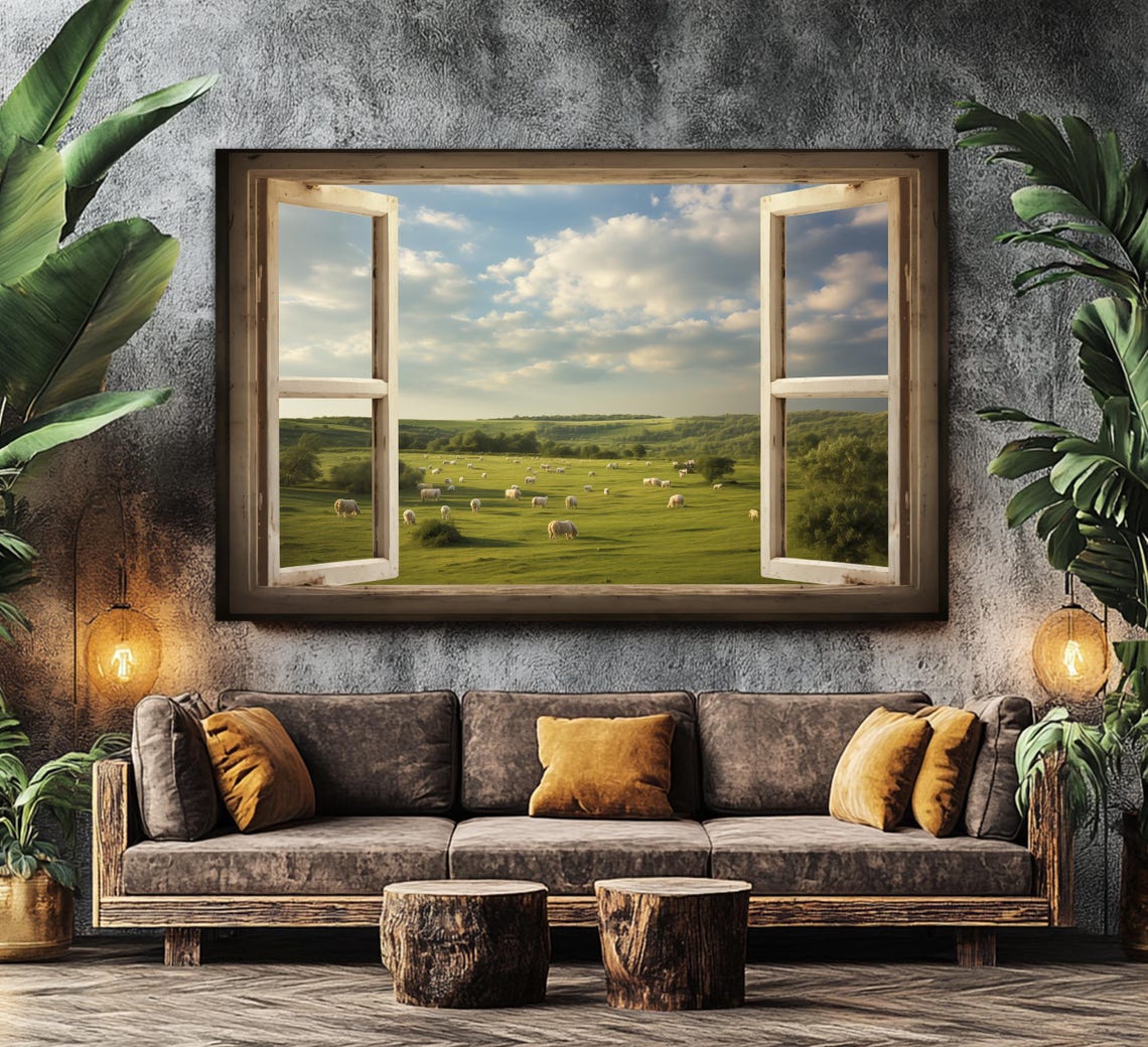 Faux Open Window View Of Green Sheep Pasture Farmhouse Wall Art