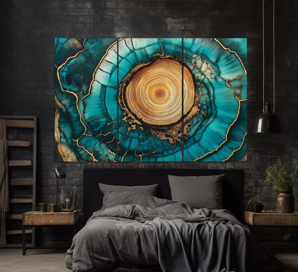 Teal Gold Agate Tree Ring Abstract Luxury Modern Wall Art Print - Image 2