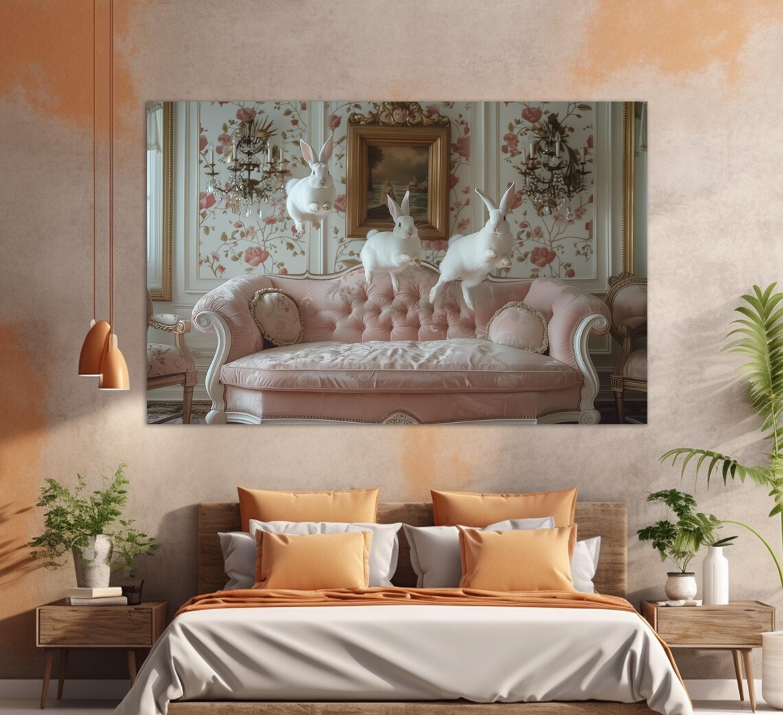Cute Rabbits Jumping on Sofa, Nursery Wall Art Print - Image 3