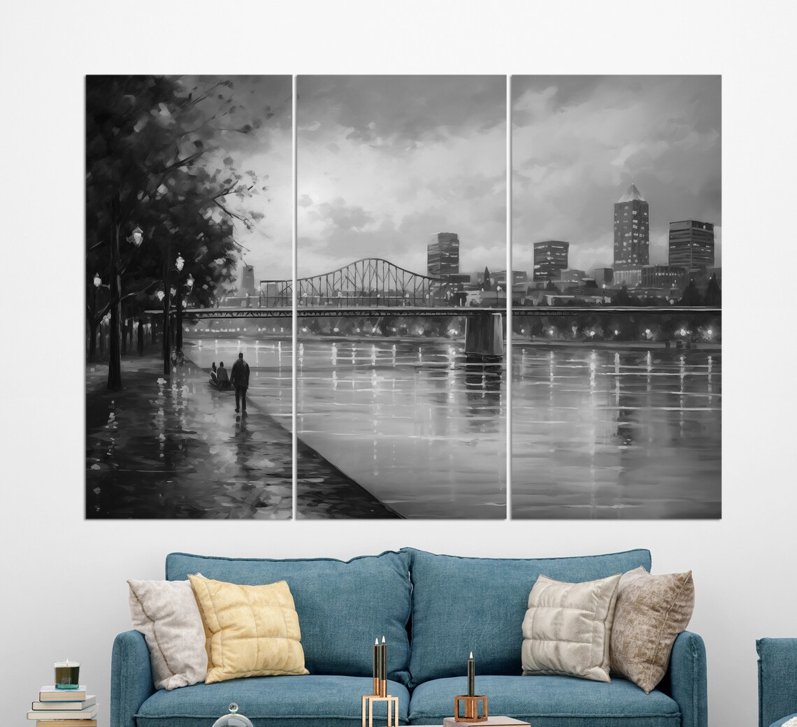 Portland Oregon River Bridge Skyline At Dusk Painting Travel Poster - Image 3