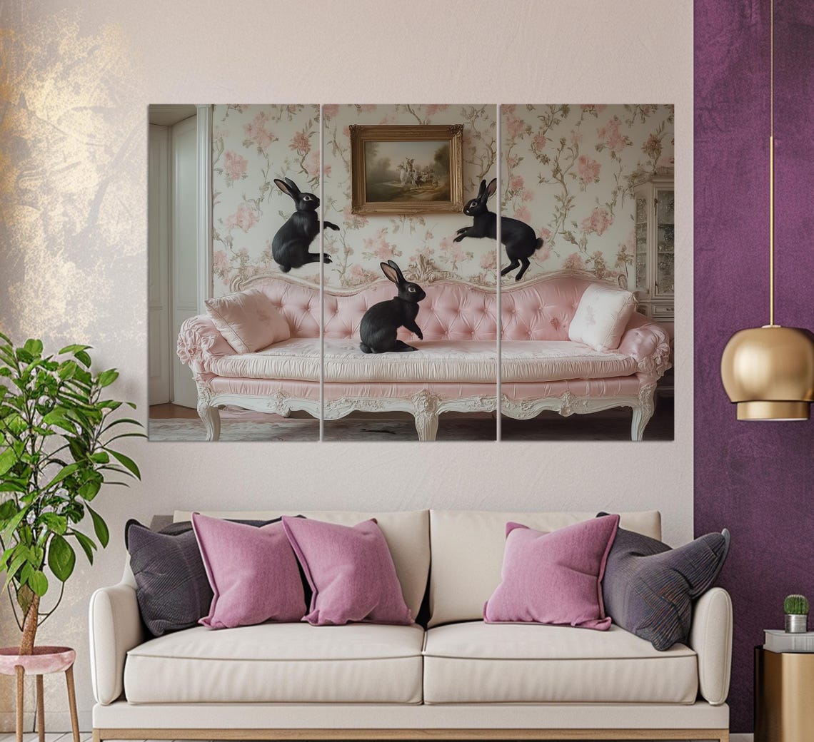 Cute Black Rabbits Jumping On Pink Vintage Sofa Nursery Wall Art - Image 3