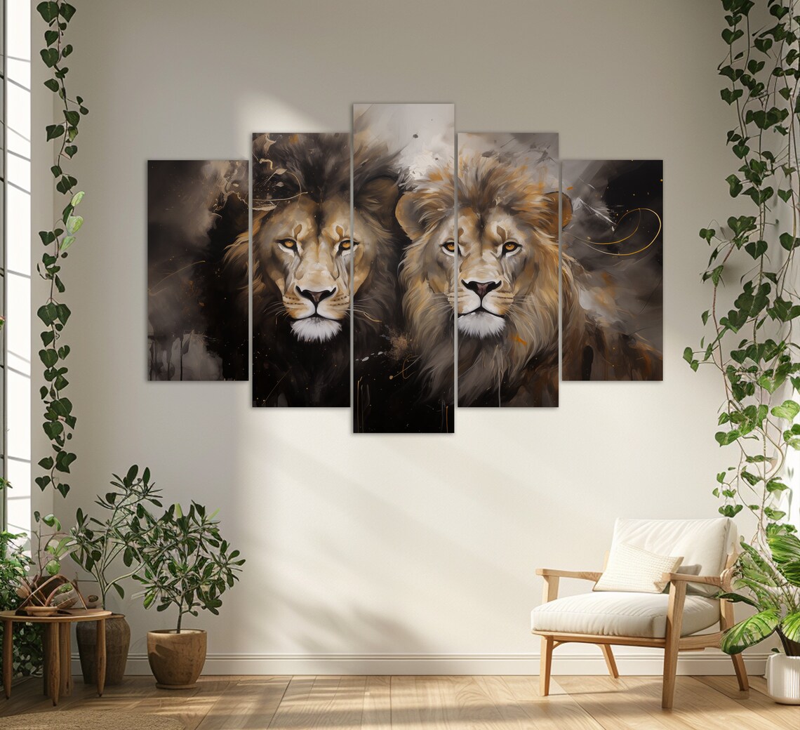 Two Male Lions Black Gold Abstract Portrait Majestic Wildlife Wall Art - Image 2