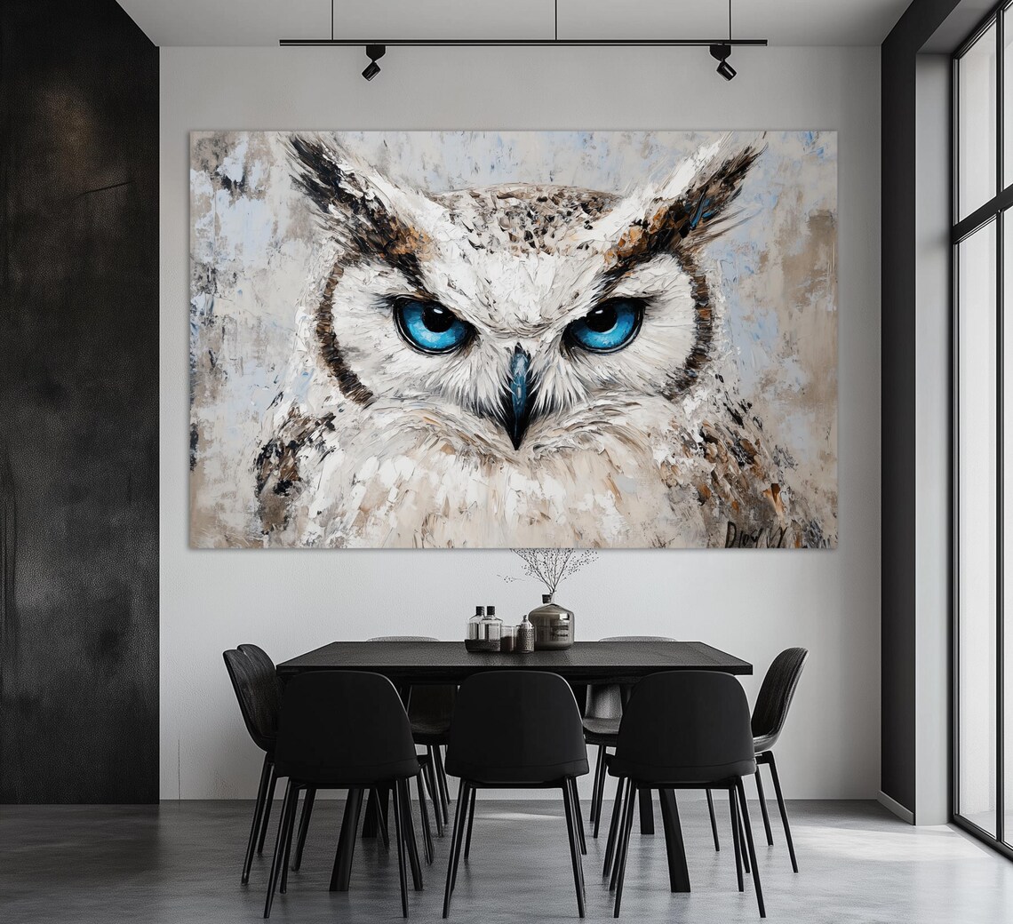White Owl With Blue Eyes Close Up Portrait Wild Bird Painting Wall Art