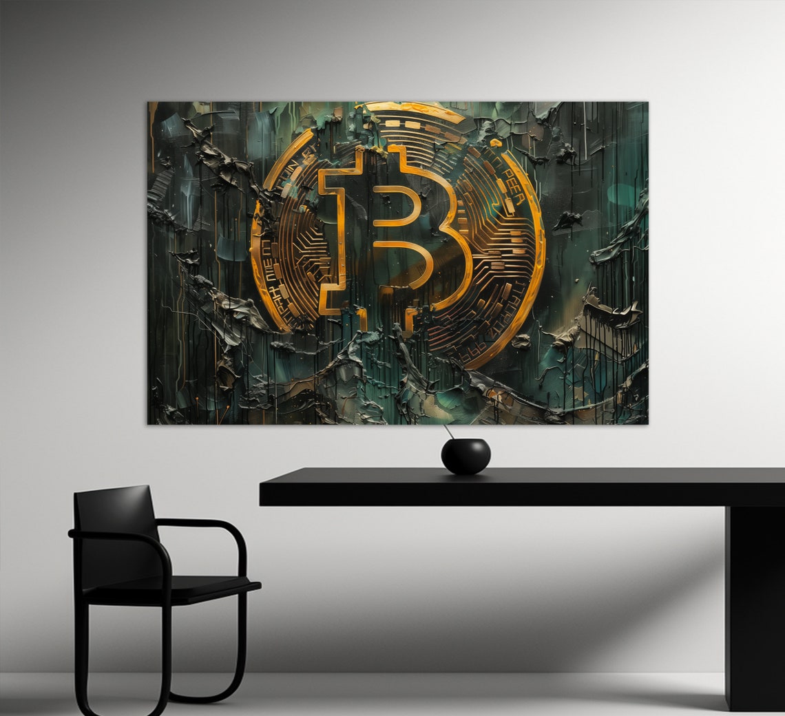 Bitcoin Gold Coin Digital Currency Dark Texture Crypto Office Wall Art