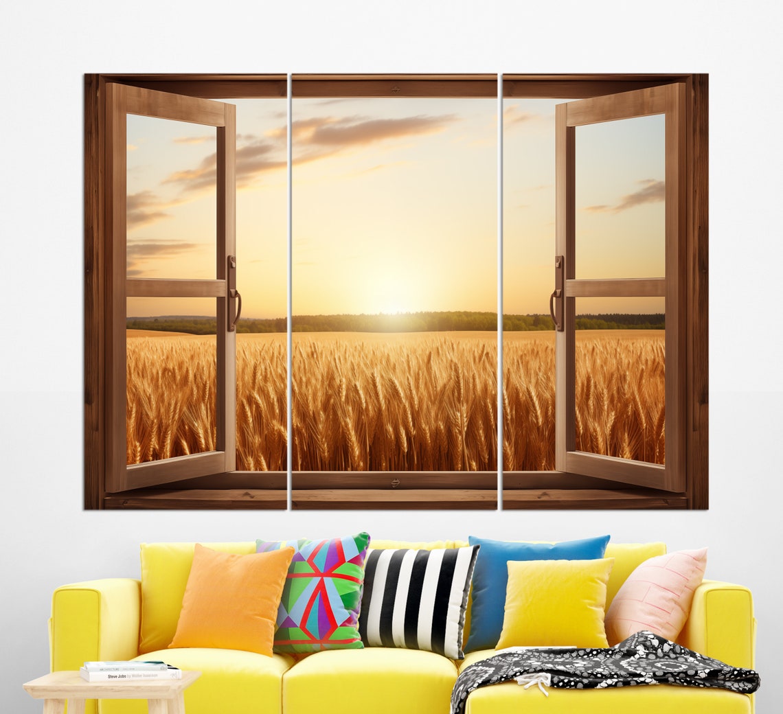 Faux Open Window View Golden Wheat Field Sunset Farmhouse Wall Art - Image 2