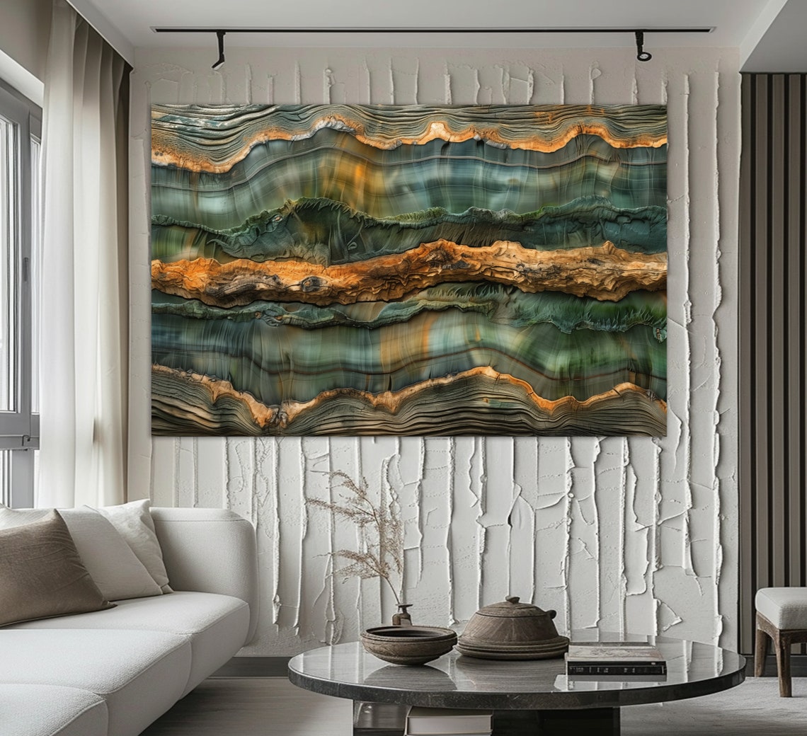 Luxury Abstract Agate Stone Bands Teal Amber Gold Modern Wall Art