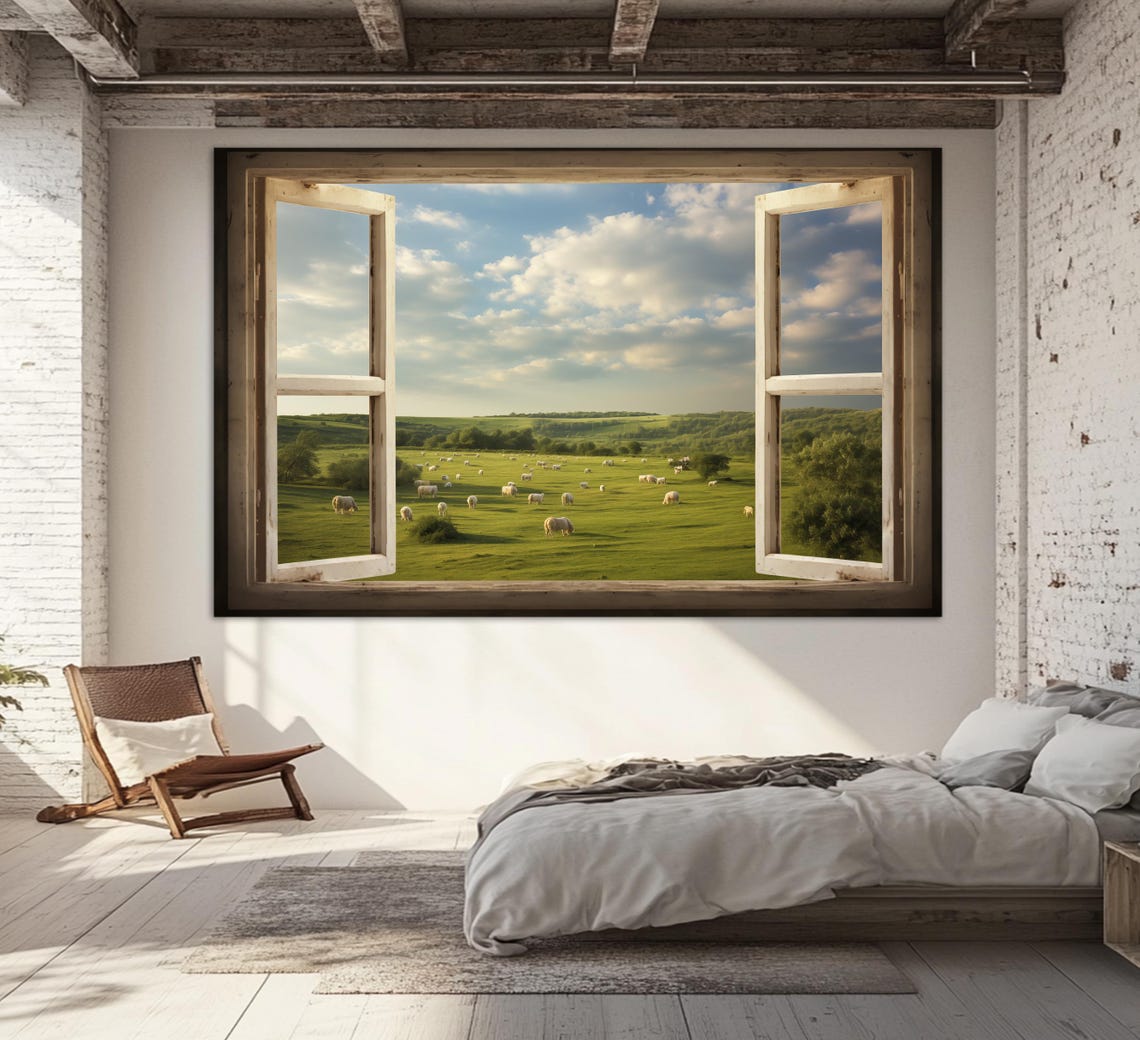 Faux Open Window View Of Green Sheep Pasture Farmhouse Wall Art - Image 2