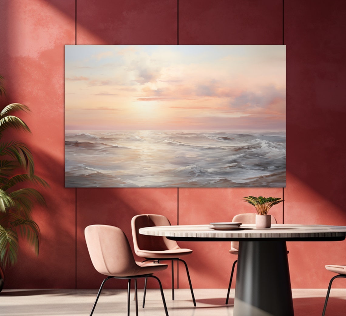 Pink Blush Sunset Over Ocean Waves Soft Pastel Seascape Wall Art Print - Image 3