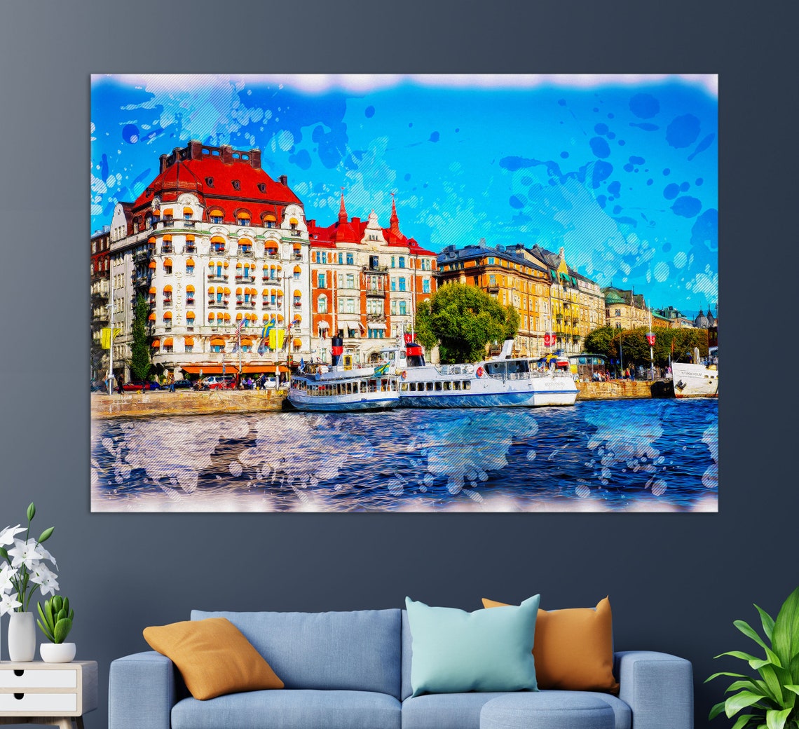 Stockholm Sweden Harbor Waterfront Ferries Blue Sky Travel Poster