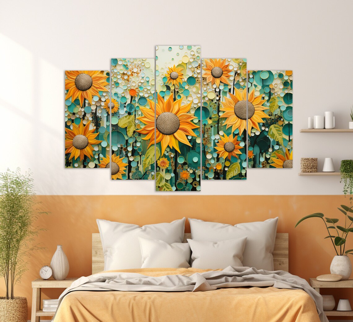 Abstract Sunflowers Painting Teal And Gold Modern Floral Wall Art - Image 2