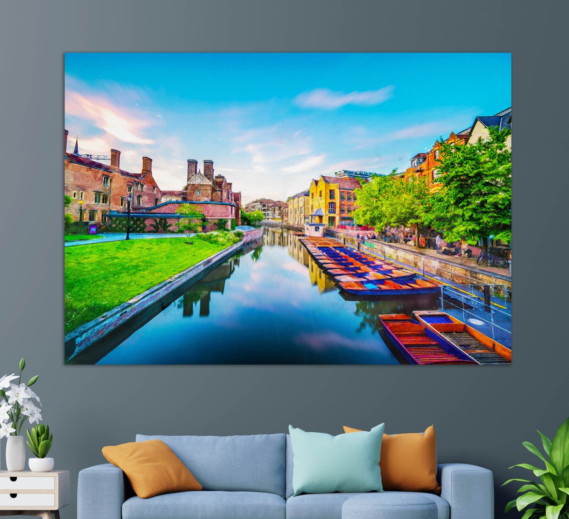 Cambridge River Punting Boats Sunset Reflections England Travel Poster
