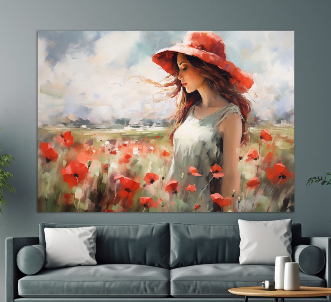Beautiful Girl In Red Hat Walking In Poppy Field Painting Print Poppy Flowers Painting Floral Wall Art Abstract Floral Wall Decor