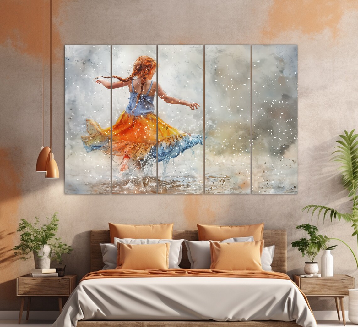 Dancing Little Girl Red Hair Braids Watercolor Painting Kids Room Poster - Image 3
