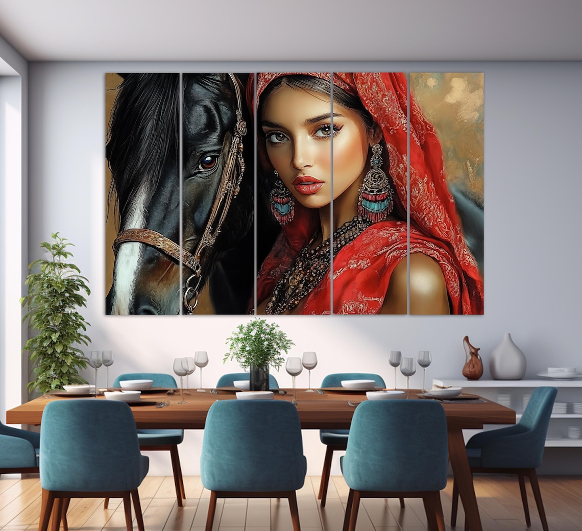 Arab Woman In Red Veil With Black Horse Oriental Beauty Art Poster - Image 3