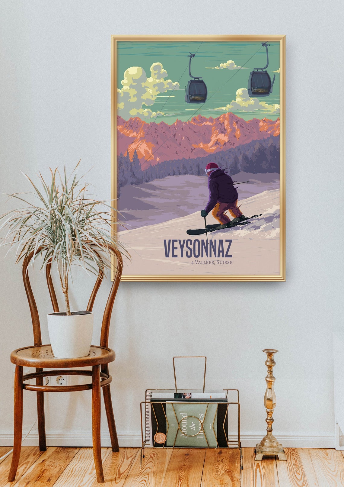 Veysonnaz Swiss Alps Sunset Skier Gondola Ride Mountain Poster - Image 2