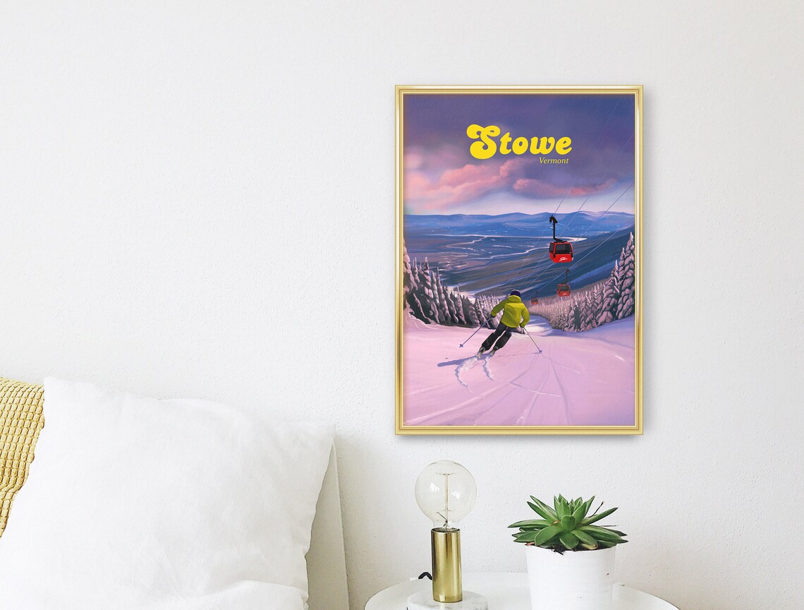 Stowe Vermont Skier Sunset Gondola Mountain Retro Travel Poster - Image 3