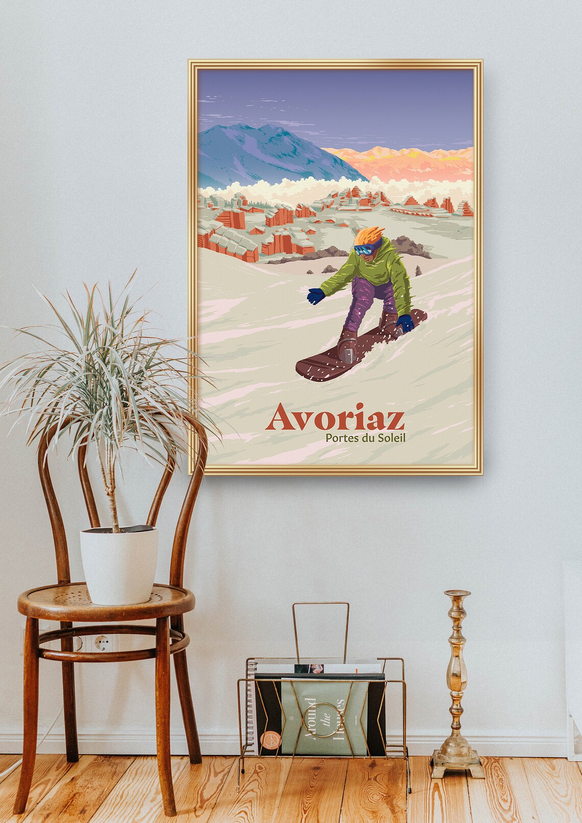 Avoriaz Portes du Soleil French Alps Snowboarder Sunset Scene Poster - Image 3