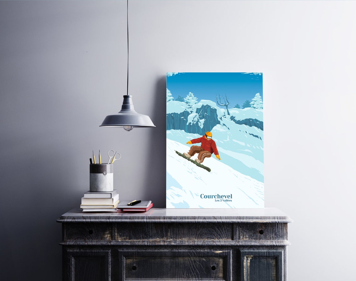 Courchevel France Snowboarder Cliffs Blue Sky Les 3 Vallees Ski Poster - Image 4