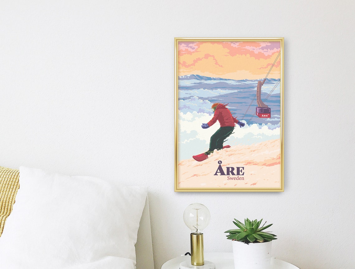 Are Sweden Ski Resort Blazing Sunset Snowboarder Travel Poster - Image 3