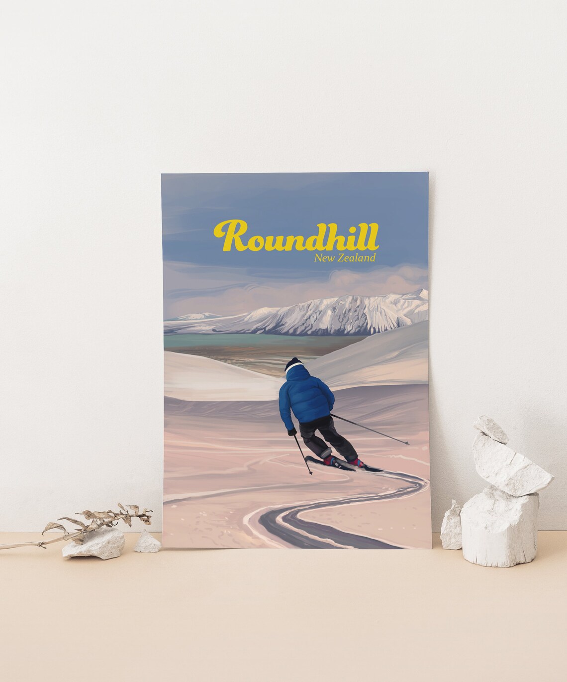 Roundhill New Zealand Ski Resort Skier Mountain Lake View Poster - Image 4