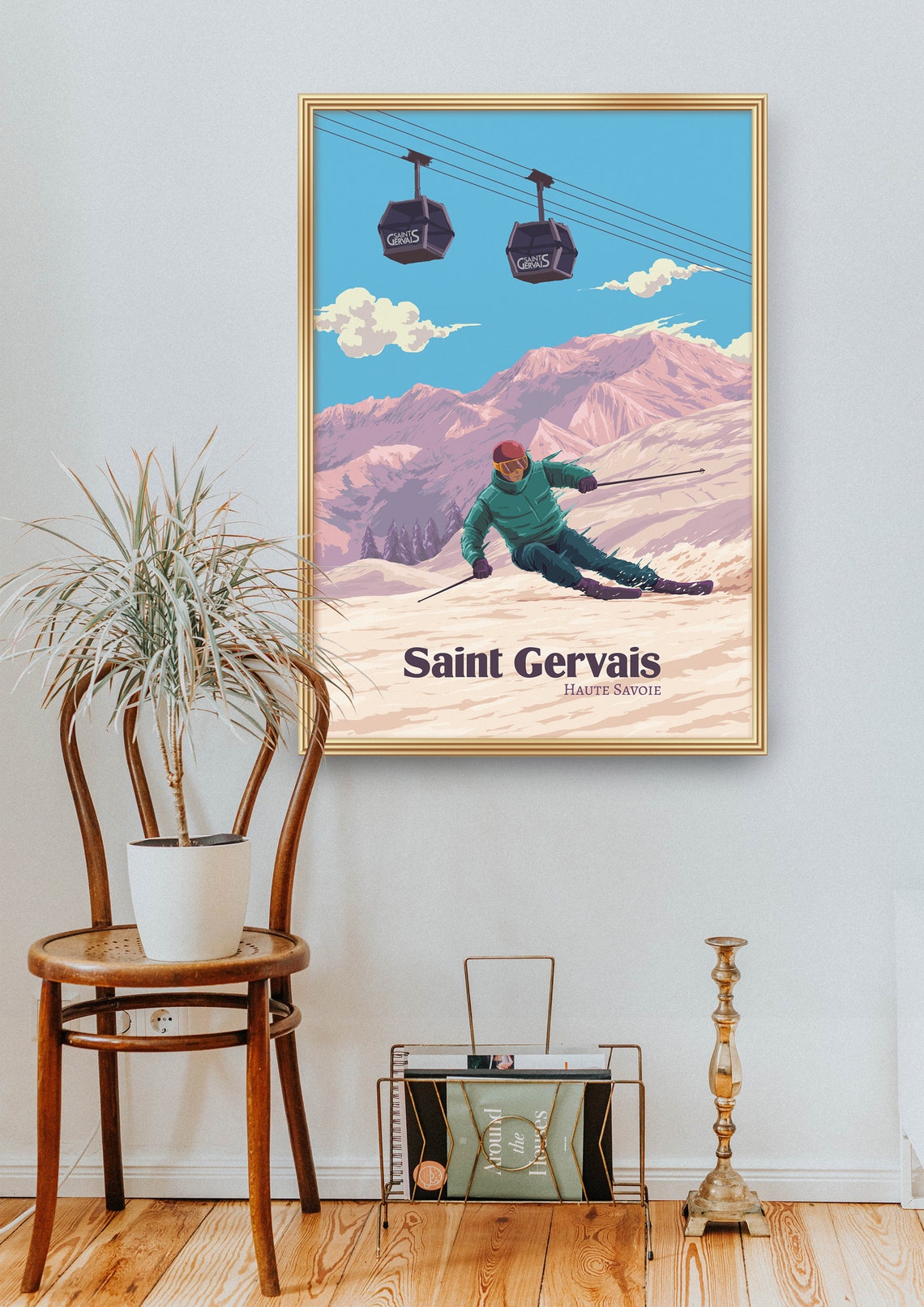 Saint Gervais Ski Resort Poster France Haute Savoie Mont Blanc Snowboarding Chamonix Megeve Vintage Travel Print French Alps Framed - Image 2