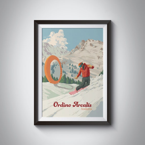 Ordino Arcalis Snowboarding Poster Andorra Travel Poster Ski Resort Print Pyrenees Grandvalira Pal Arinsal Skiing Wall Art Gift