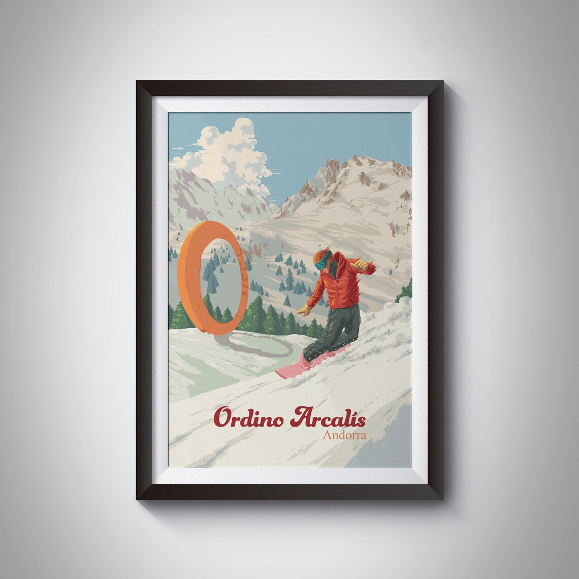Ordino Arcalis Andorra Snowboarder Retro Ski Resort Travel Poster