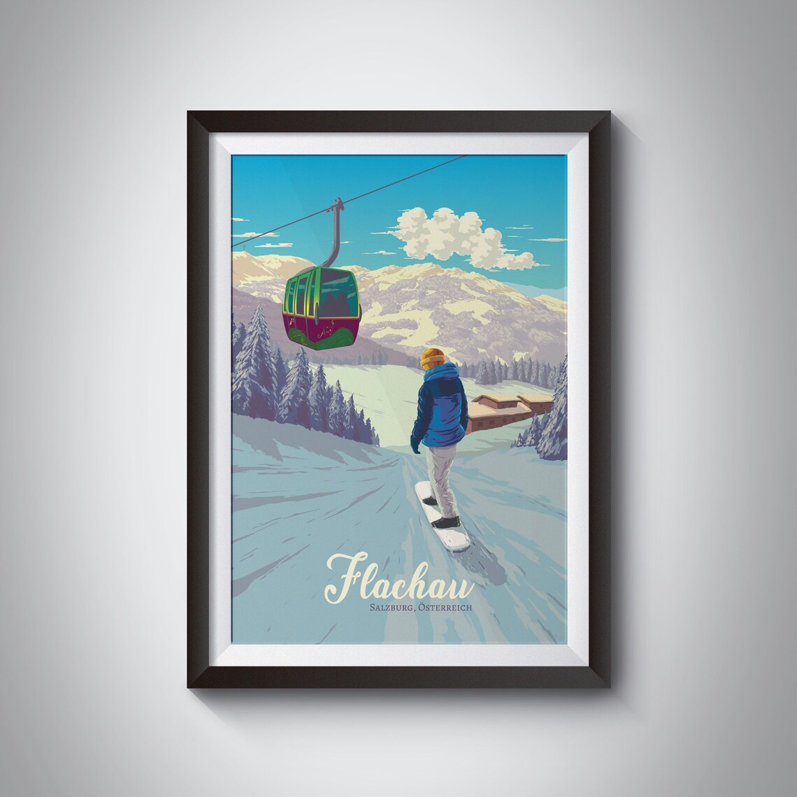 Flachau Austria Snowboarder Gondola Vintage Ski Resort Poster