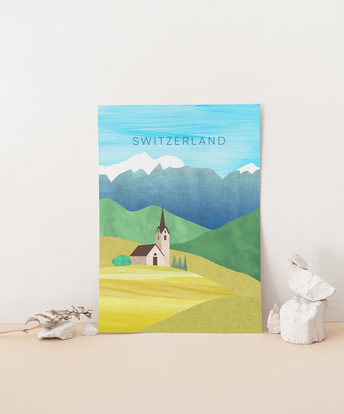 Switzerland Alpine Chapel Snowcapped Peaks Minimalist Travel Poster - Image 4