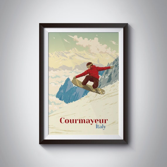 Courmayeur Snowboarding Poster Italy Skiing Print Travel Poster Italian Vintage Tour Du Mont Blanc Skyway Monte Bianco Ski Resort