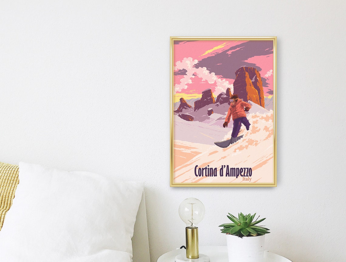 Cortina d'Ampezzo Dolomites Glowing Sunset Snowboarding Poster - Image 3
