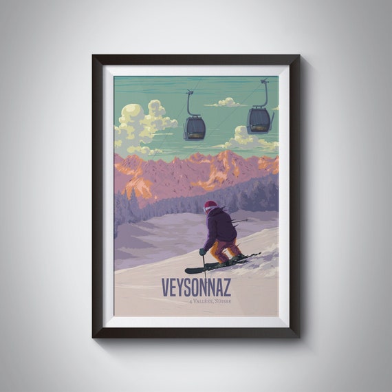 Veysonnaz Switzerland Ski Resort Travel Poster Swiss Alps Print Skiing Snowboard Verbier 4 Vallees Bruson Tzoumaz Thyon Framed Art
