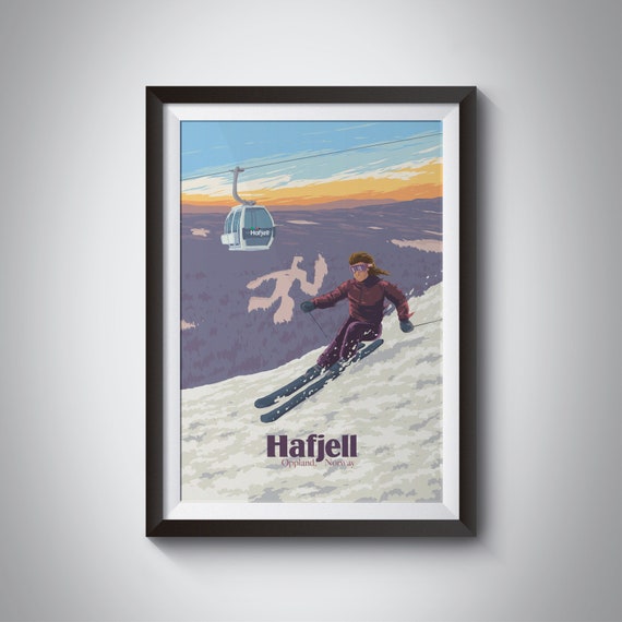 Hafjell Ski Resort Poster Torch Man Ski Norway Print Lillehammer 1994 Winter Olympics Kvitfjell Skiing Snowboarding Travel Poster