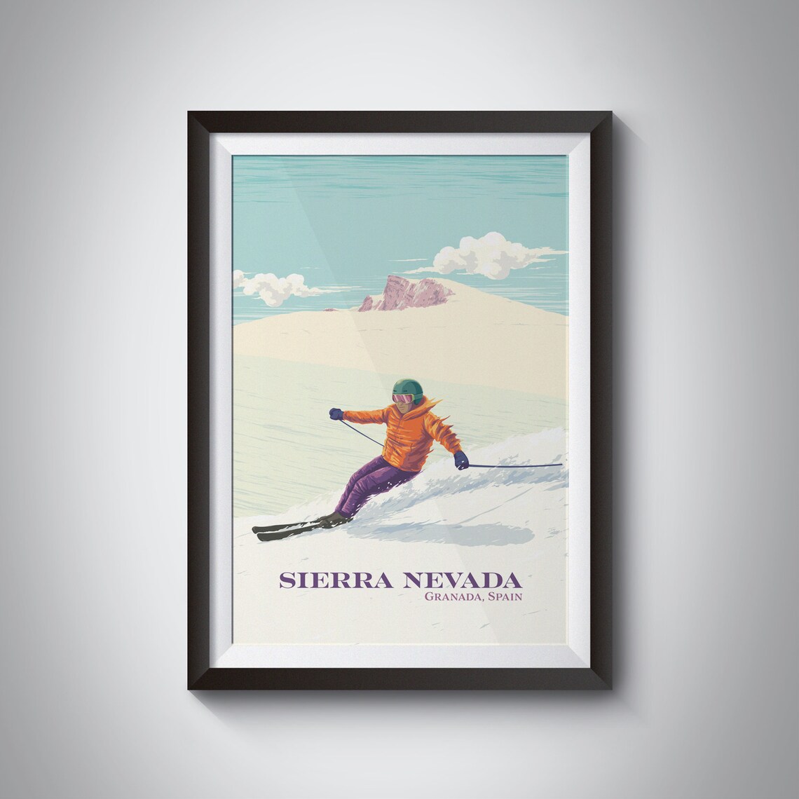 Sierra Nevada Granada Spain Skier Carving Snow Vintage Ski Poster