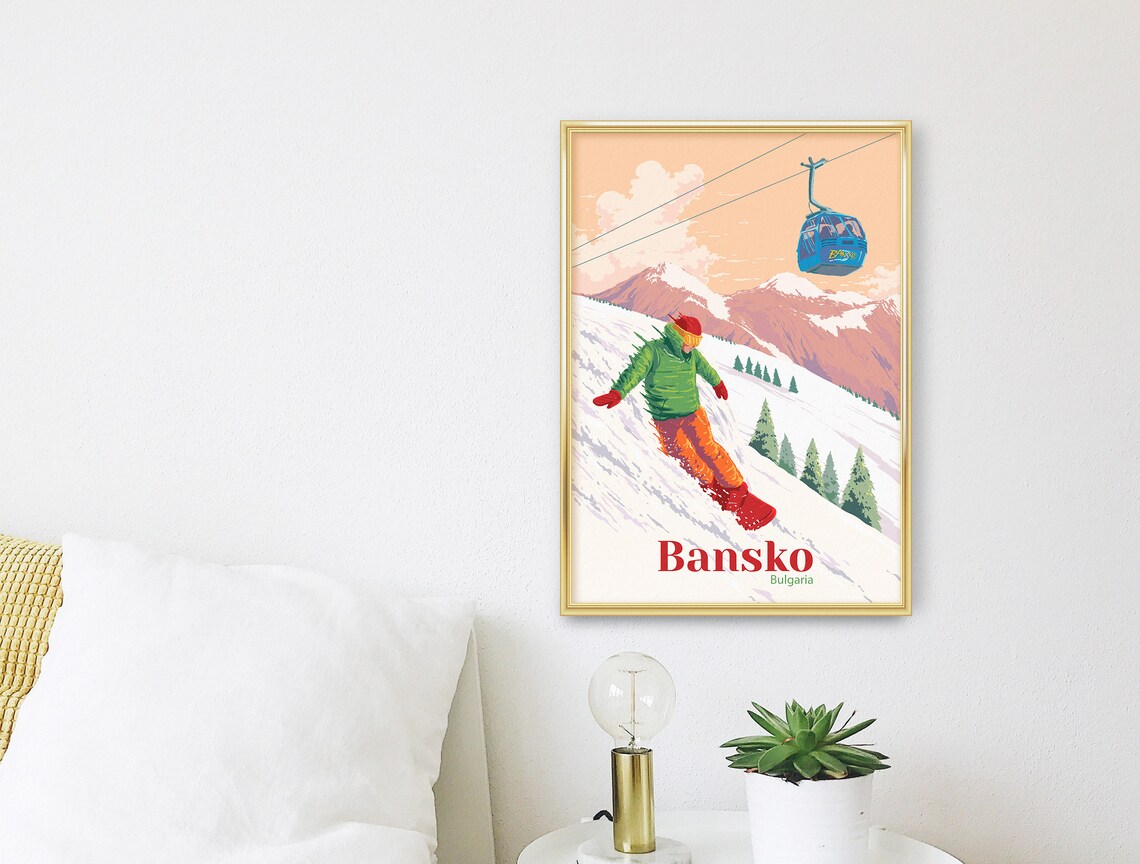 Bansko Bulgaria Snowboarding Travel Poster, Vintage Skiing - Image 3