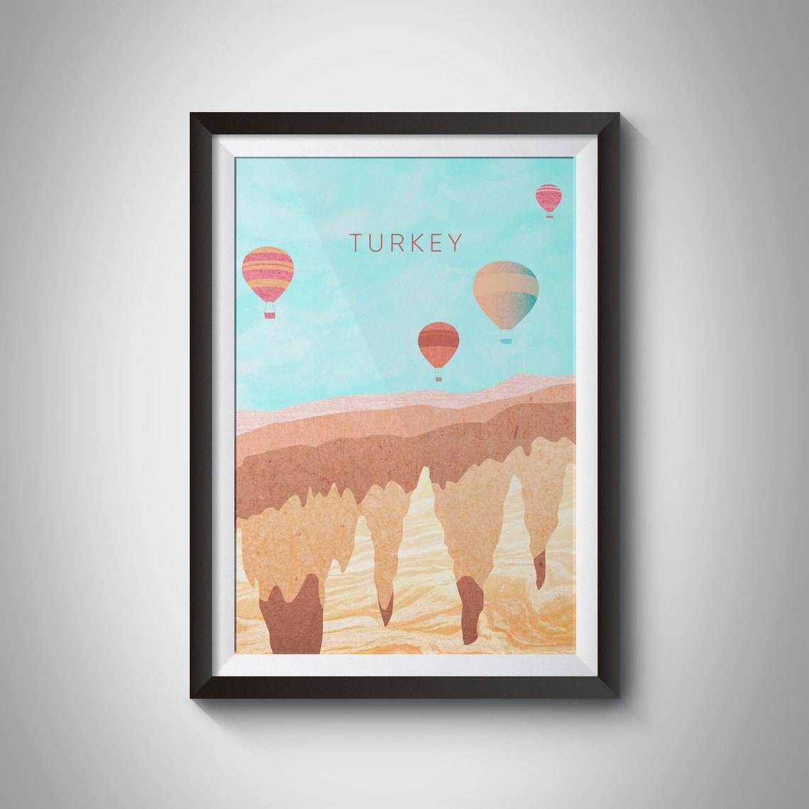 Turkey Minimal Travel Poster Cappadocia Travel Print Fairy Chimneys Hot Air Balloon Wall Art Greme National Park Monks Valley Love